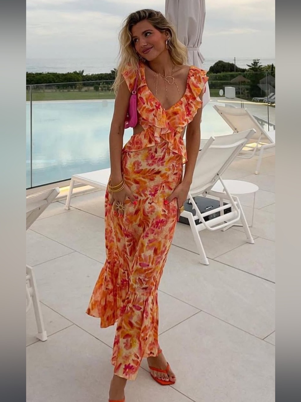 Zara Orange and Pink Floral Ruffle Maxi Dress - Picture 2 of 11